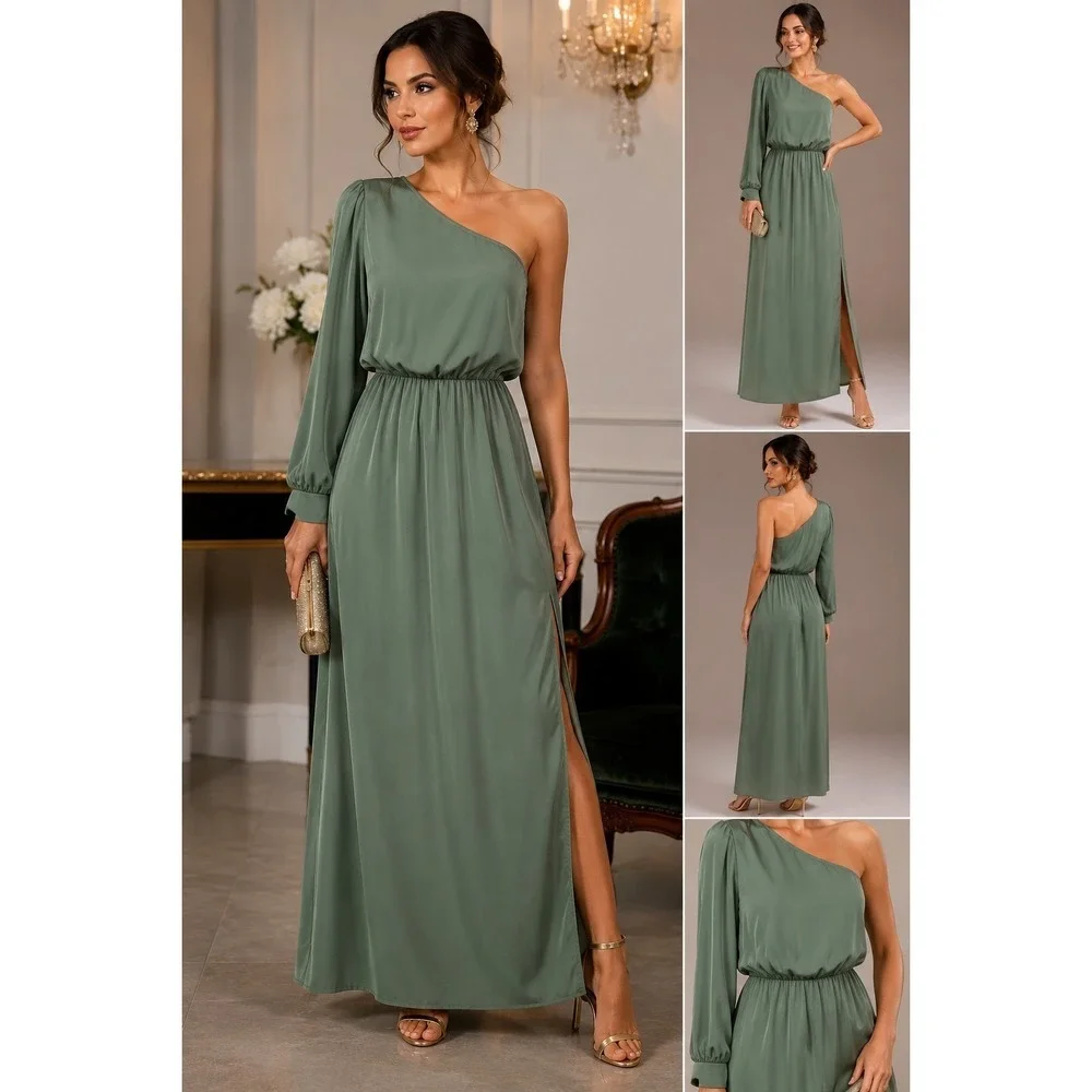 Kirundo One Shoulder Maxi Dress Sage Green Long Sleeve Slit Size L NWOT